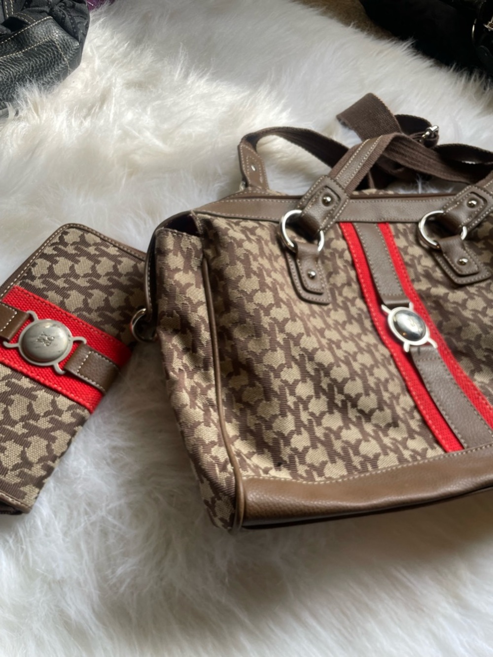 NY Collection Brown Monogram Tote with Red Stripe